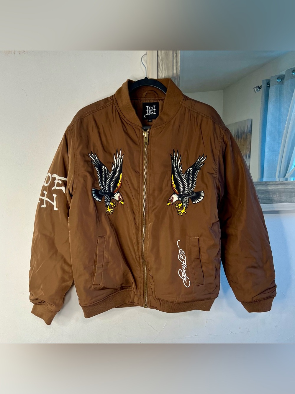 Ed Hardy Brown Bomber Jacket with Dual Eagle Embroidery